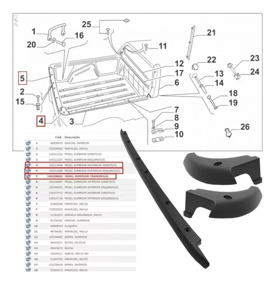 Kit Moldura Superior Traseira Caçamba Original 100208682 100213064 100213068