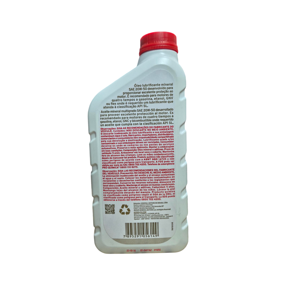 Óleo Motor 20w50 Sl Sae Mineral Acdelco 93307462 1l